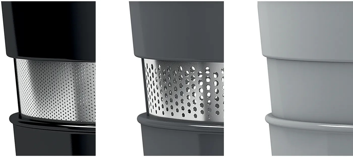 Bosch MESM731M đi kèm 3 lưới lọc đa năng (ép mịn, ép thô, làm kem), sáng tạo nhiều món ngon.
