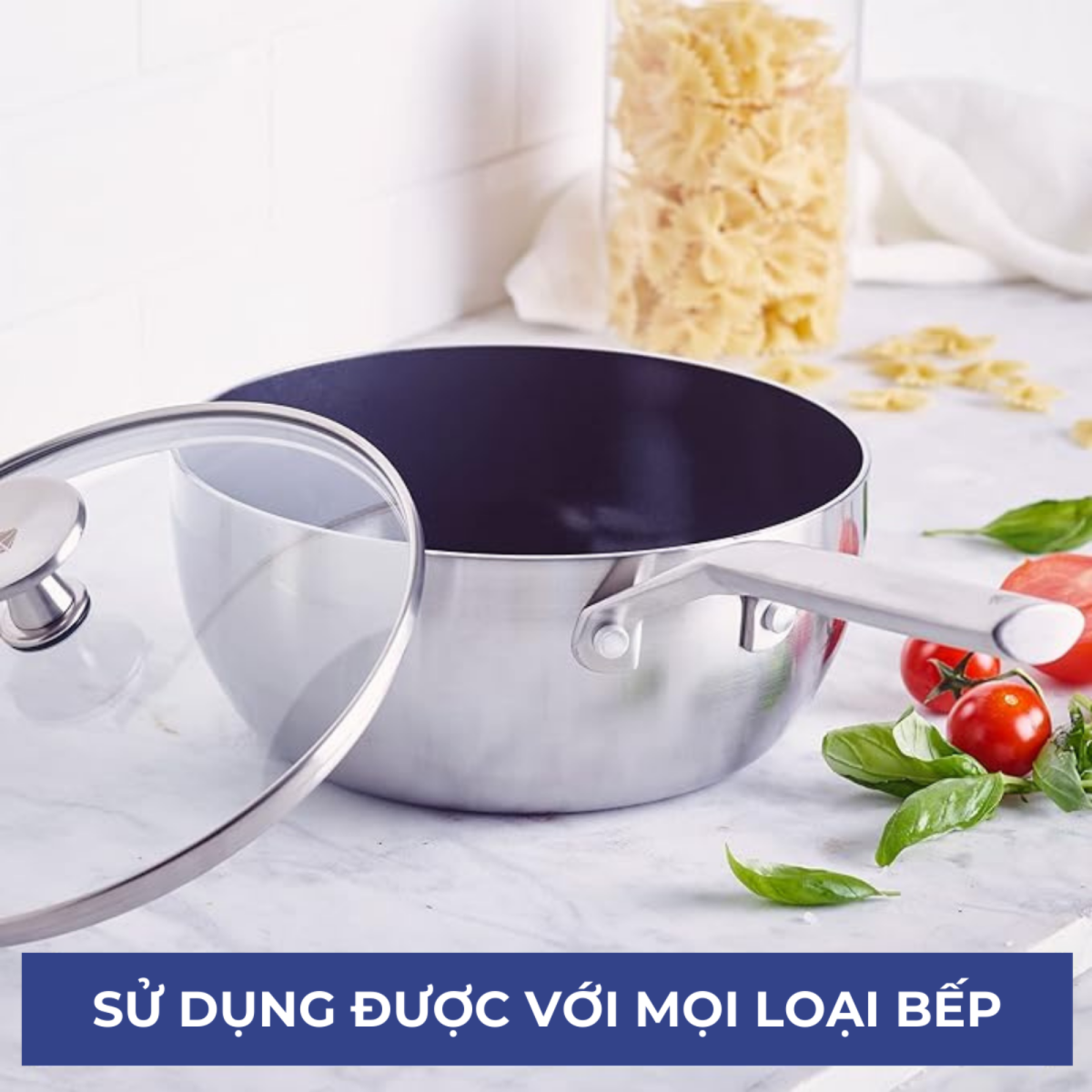 Đáy inox nhiễm từ giúp Quánh Blue Diamond 20cm dùng tốt trên bếp gas, điện, hồng ngoại và bếp từ.