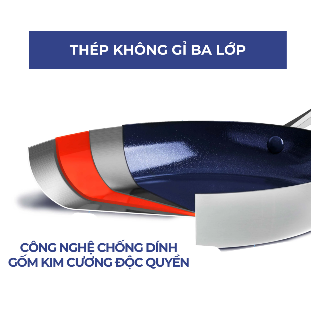 Quánh Blue Diamond 20cm inox 304 cấu tạo ba lớp bền chắc, dẫn nhiệt nhanh, tỏa đều, an toàn thực phẩm.