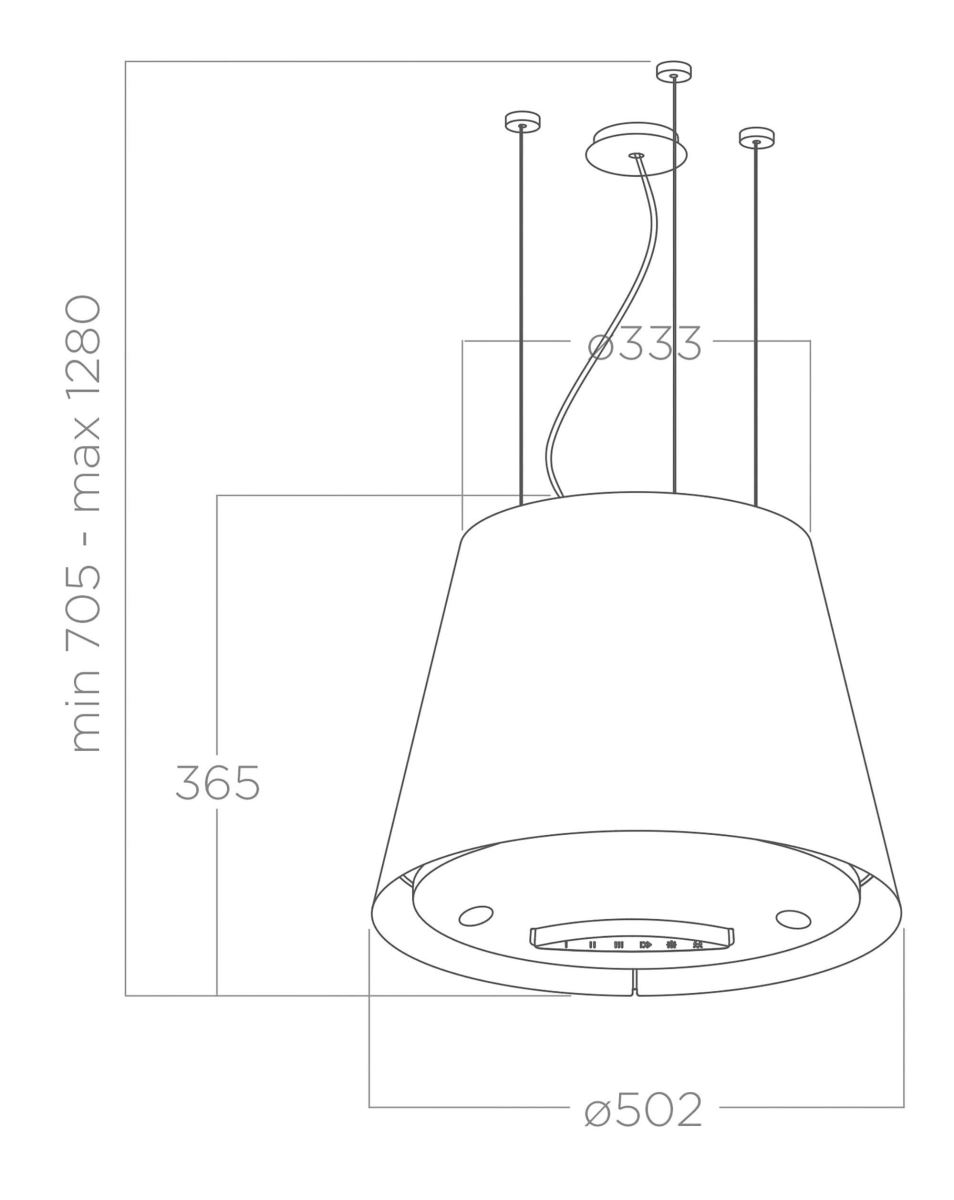 Bản vẽ Elica EASY UX với đường kính đáy 502 mm, thân cao 365 mm và chiều cao tổng 705 đến 1280 mm