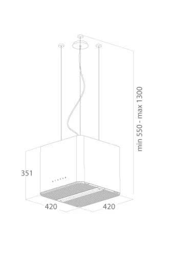 Bản vẽ Elica PIX rộng sâu 420 mm, thân cao 351 mm và chiều cao tổng thể 550 đến 1300 mm