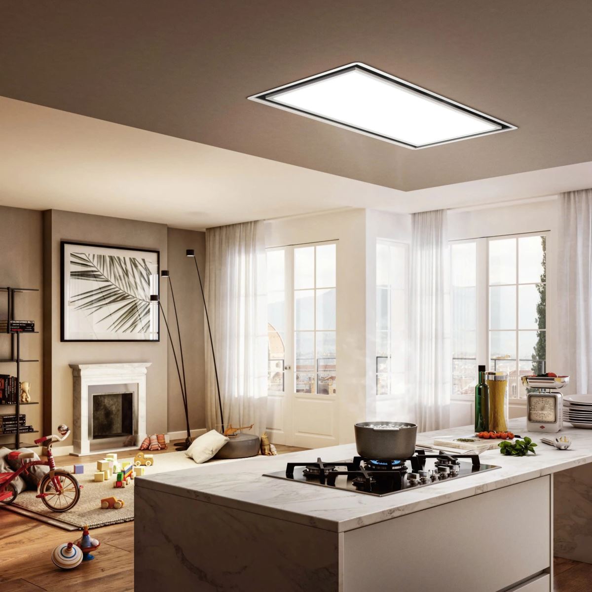 Máy hút mùi âm trần Elica lắp chìm tinh tế, hút mạnh đa điểm, vận hành êm, thiết kế hiện đại.