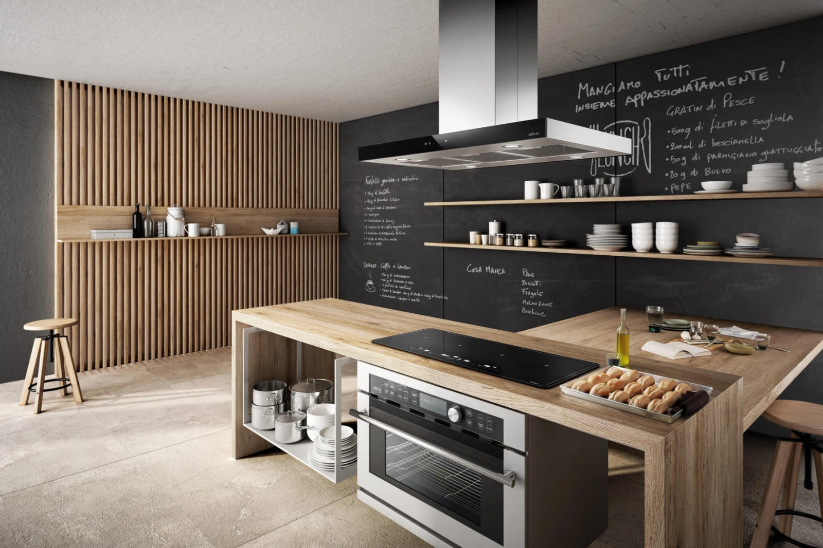 Máy hút mùi đảo Elica treo độc lập từ trần, hút mùi 360 độ, thiết kế sang trọng đầy ấn tượng.