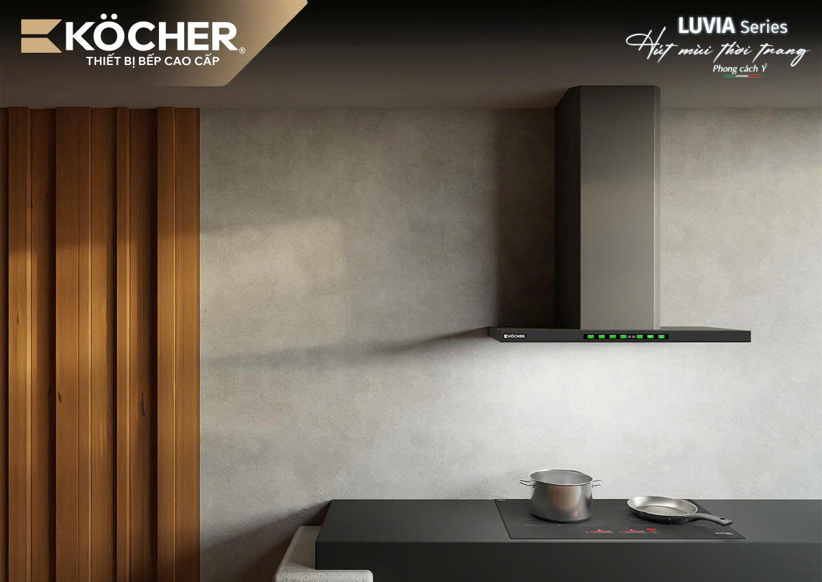 Phối cảnh máy hút mùi Köcher Luvia Elite màu Black Pearl phía trên khu vực nấu