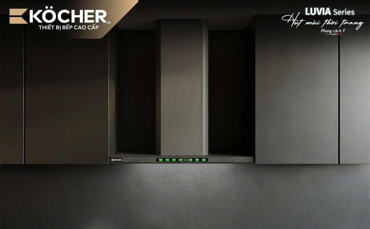Phối cảnh Köcher Luvia Elite bố trí giữa hai cụm tủ bếp tối màu
