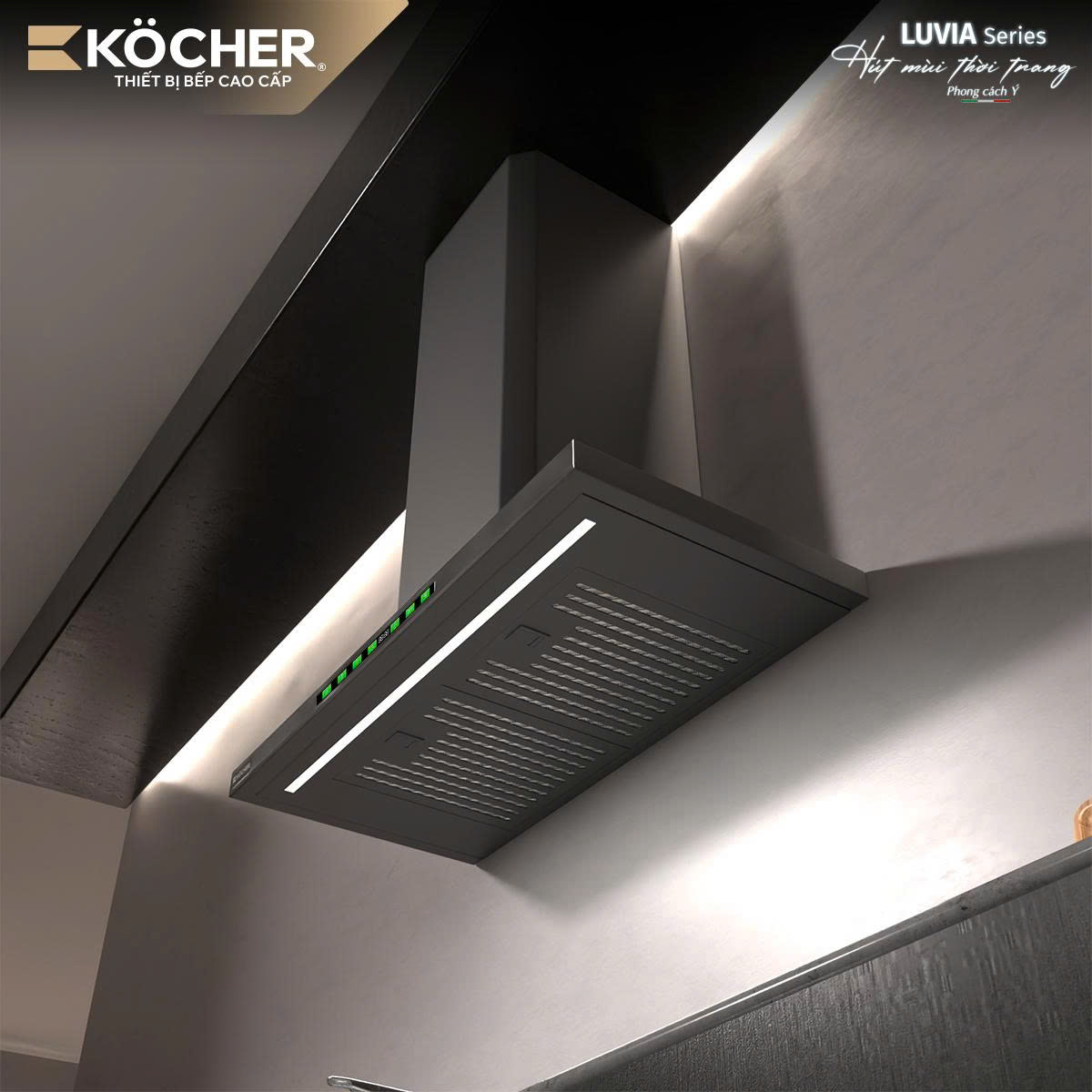 Góc nhìn từ dưới máy hút mùi Köcher Luvia Elite với dải đèn và khu vực hút