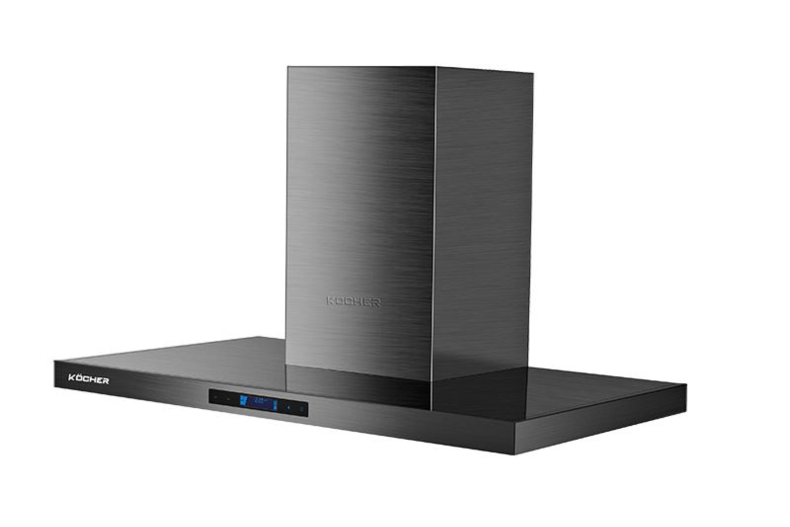Máy hút mùi chữ T Kocher thiết kế phẳng, hình hộp mạnh mẽ, chất liệu inox và kính, phong cách châu Âu.