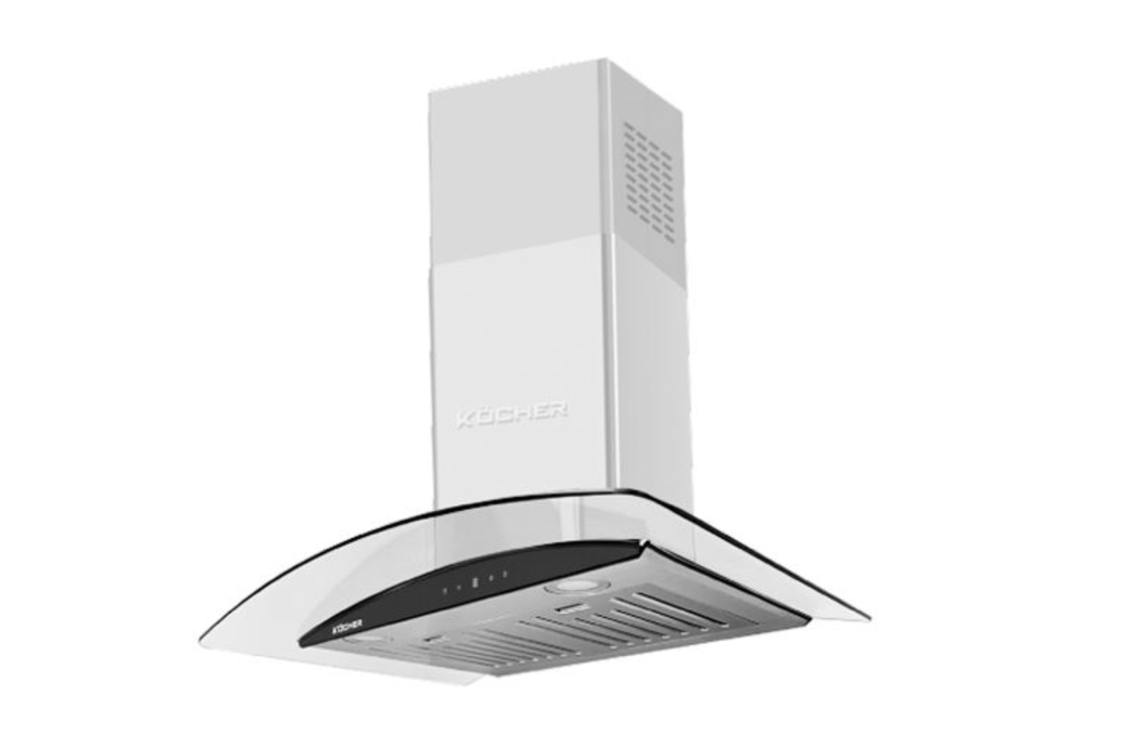 Máy hút mùi kính cong Kocher kiểu ống khói, thiết kế kính cường lực cong mềm mại, hút mùi hiệu quả.