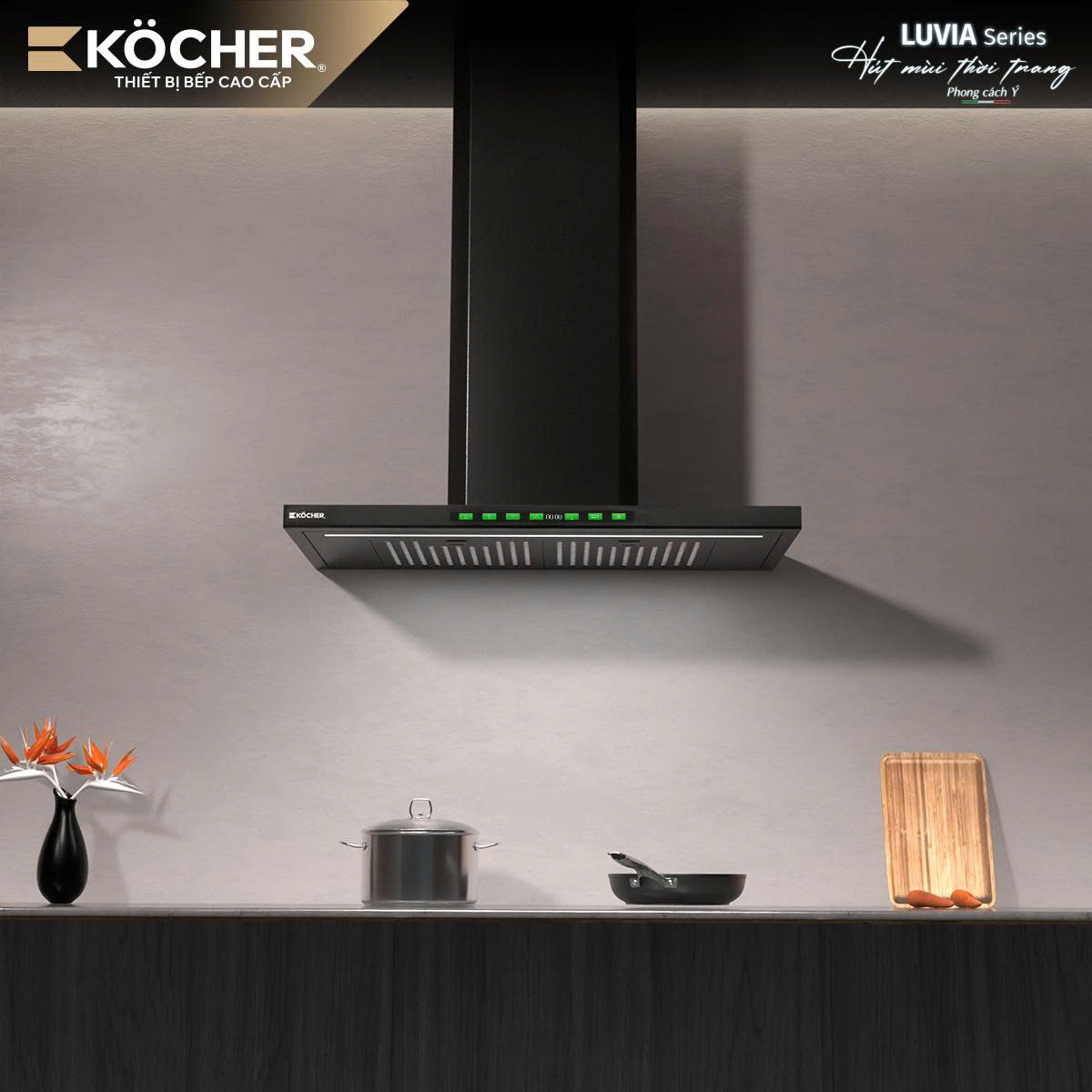 Köcher Luvia Black Matte gắn trên mảng tường riêng phía trên bếp