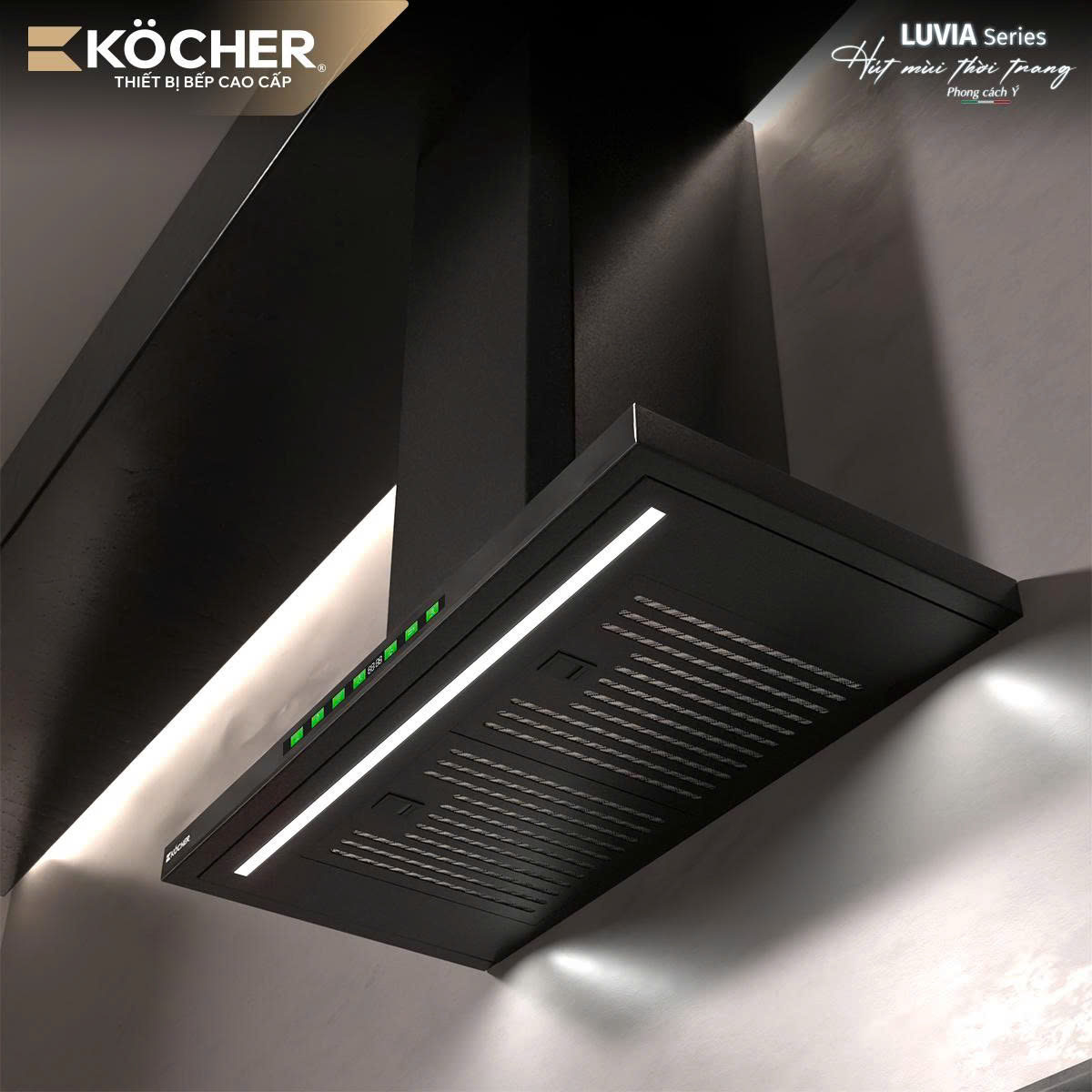 Mặt dưới Köcher Luvia Black Matte với dải đèn LED và lưới lọc mỡ