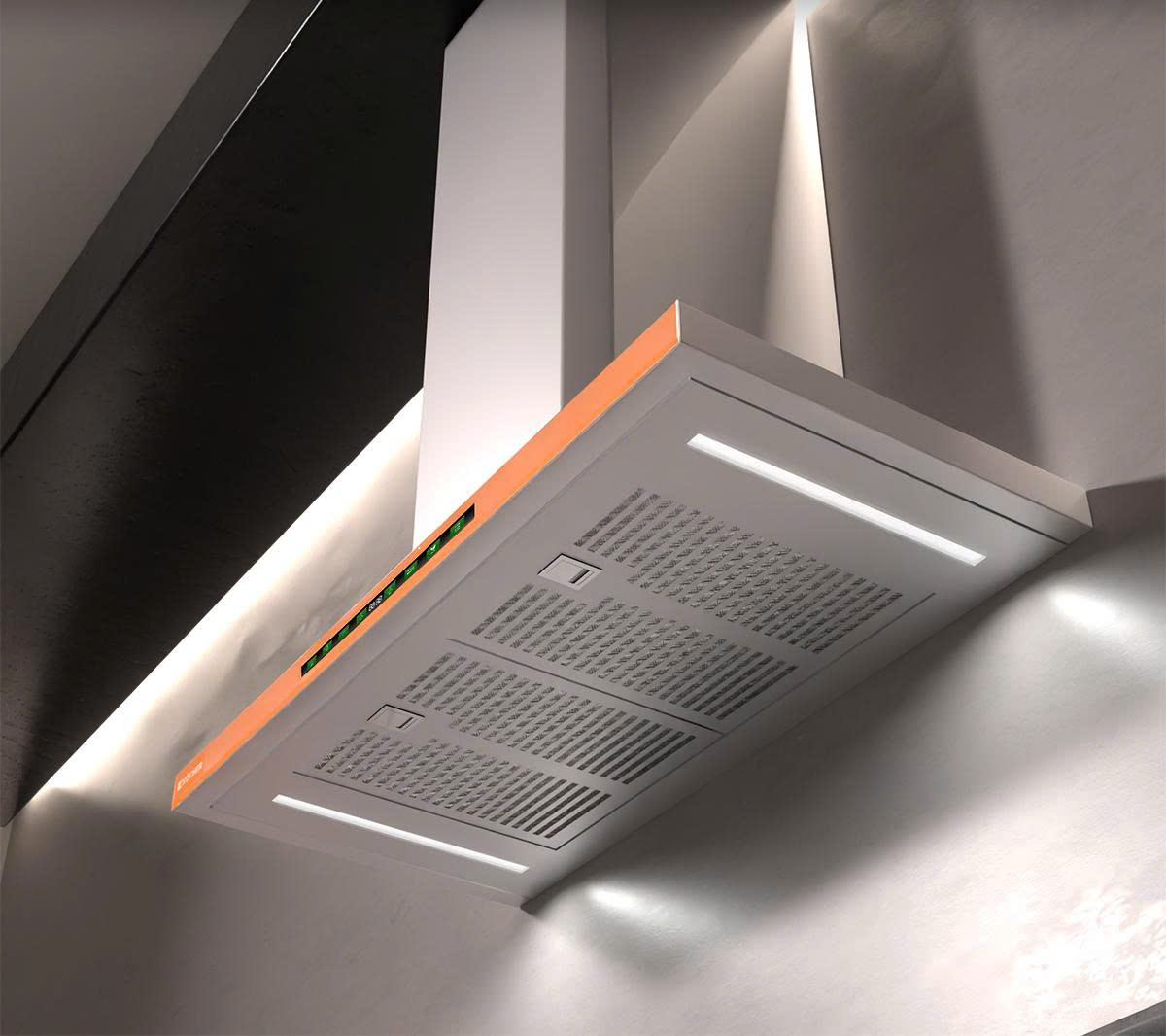 Phối cảnh nhìn từ dưới máy hút mùi Köcher Luvia Premium với khu vực lọc và đèn chiếu sáng