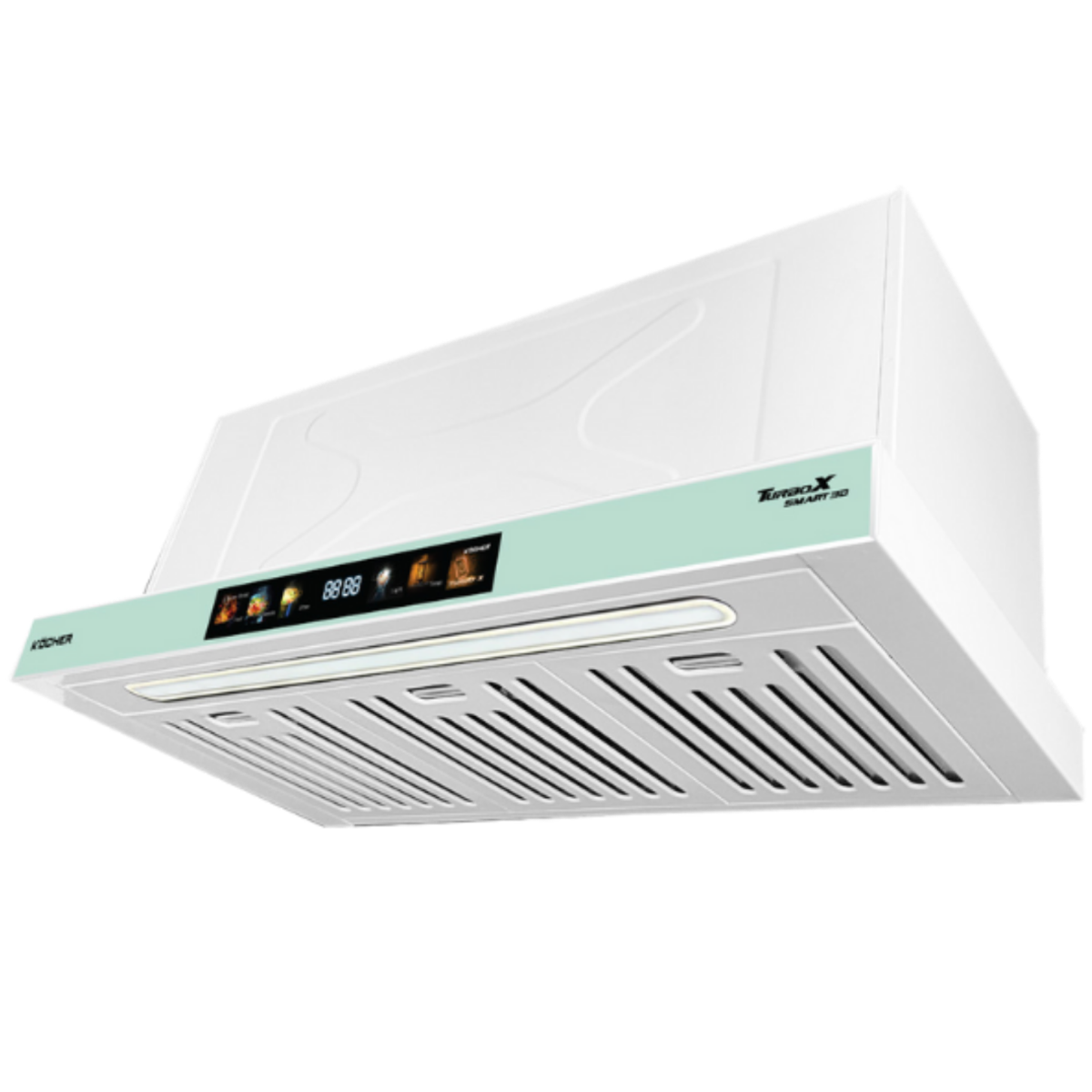 Máy hút mùi Köcher Turbo Smart 3D X3D-350N thân trắng, mặt trước xanh ngọc