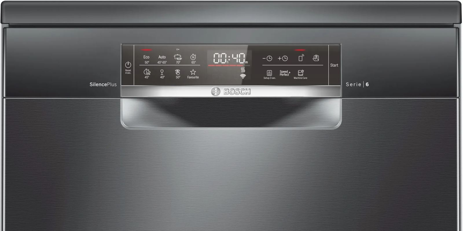 Cận cảnh bảng điều khiển phía trước máy rửa bát Bosch với màn hình và các nút chọn chương trình
