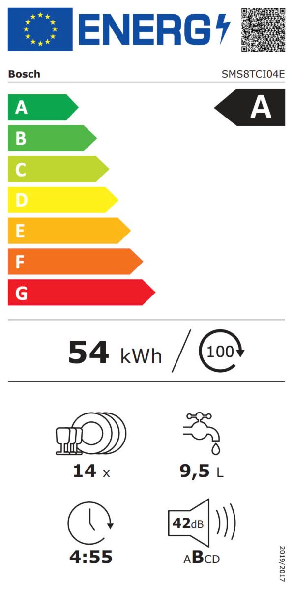 Tem năng lượng của máy rửa bát Bosch SMS8TCI04E, chỉ hết 9,5l nước/ lần rửa