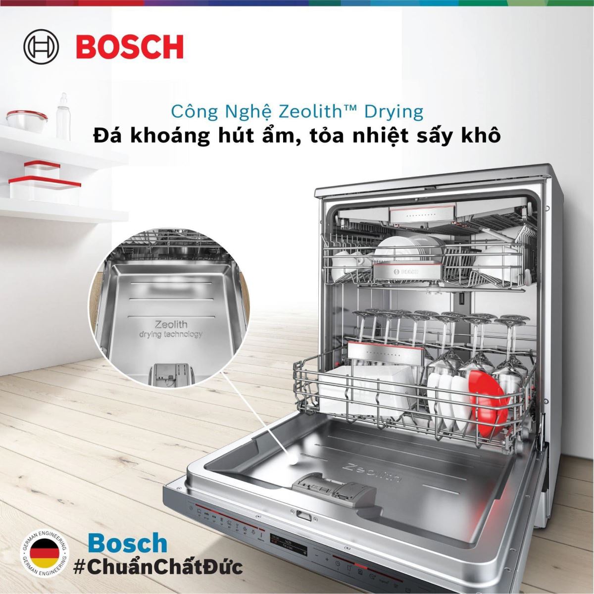 Bát đĩa, đồ nhựa khô hoàn hảo mà tiết kiệm điện nhờ công nghệ sấy khô Zeolith độc quyền của Bosch