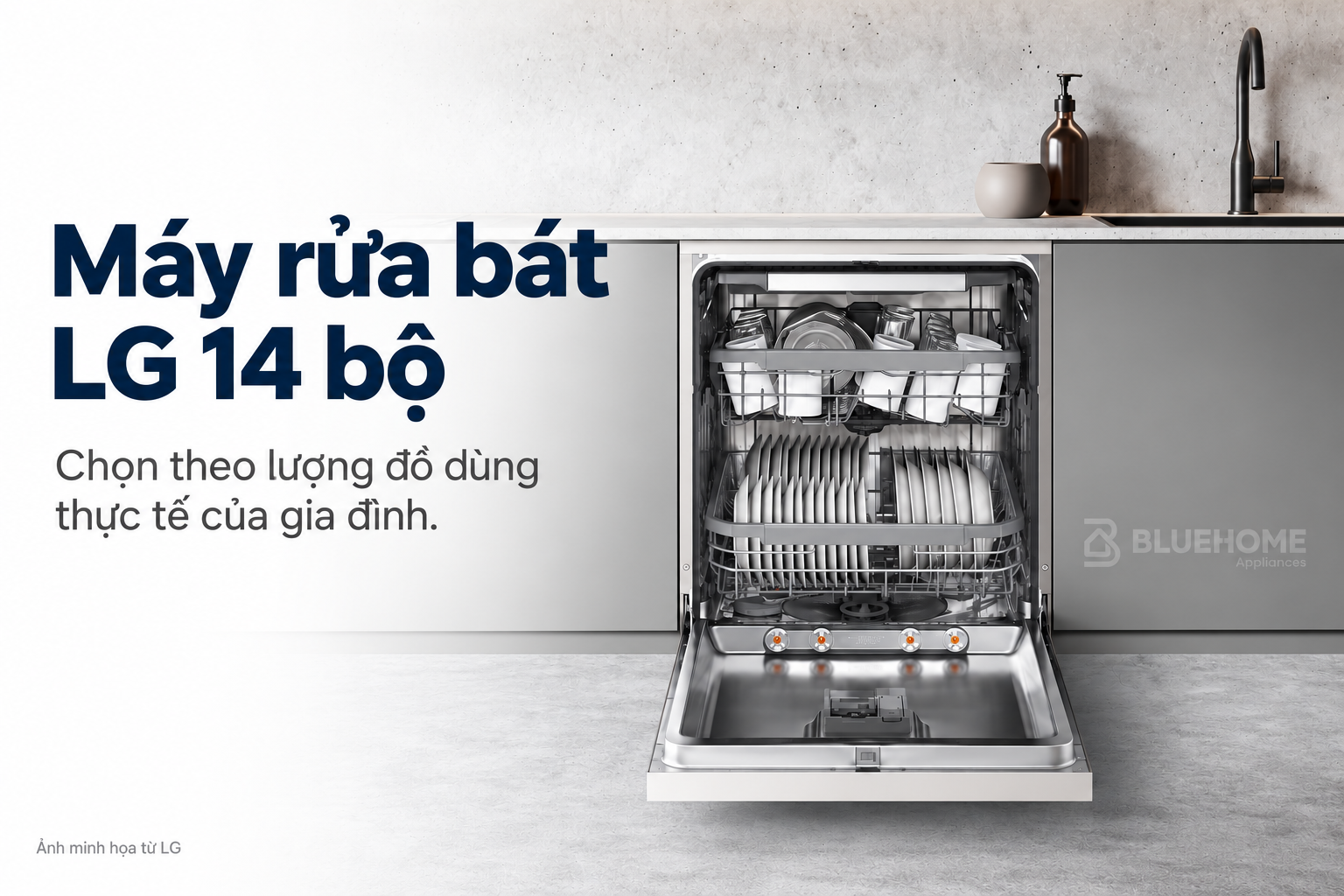 Minh họa lượng bát đĩa gia đình cần rửa với máy rửa bát LG 14 bộ