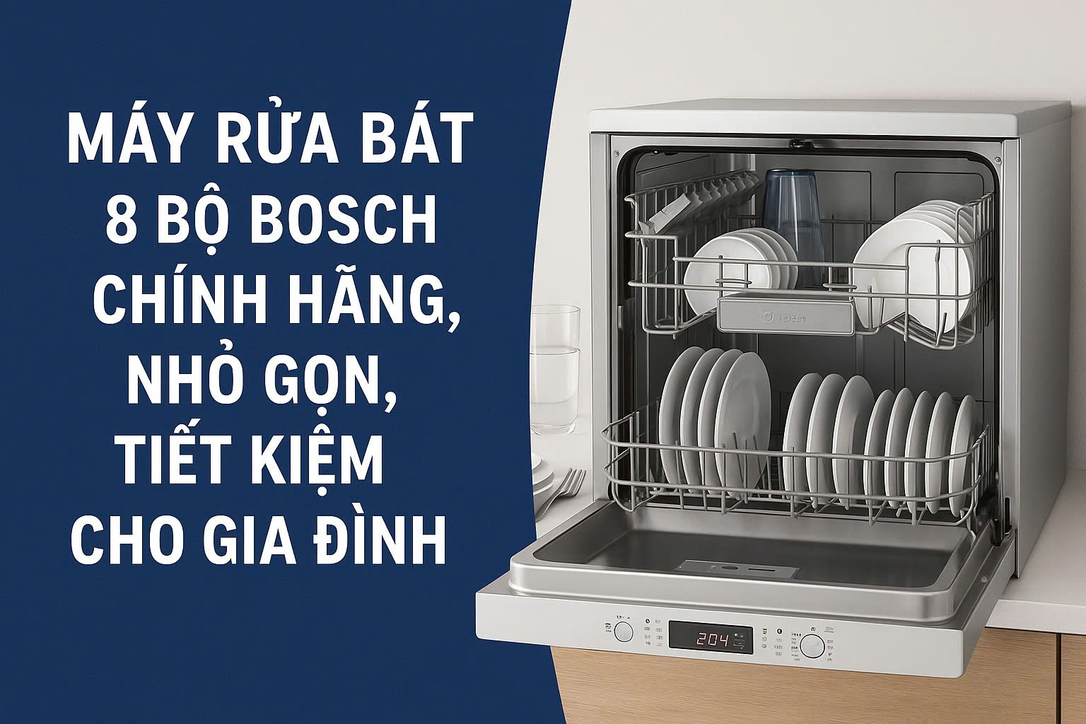 Máy rửa bát 8 bộ nhỏ gọn, rửa tối đa 8 bộ đồ ăn, phù hợp gia đình 2-4 người.