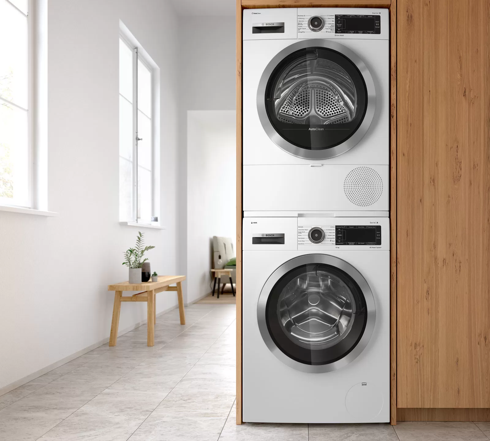 Với máy sấy quần áo Bosch, bạn có thể treo đồ giặt của mình trên một sợi dây.