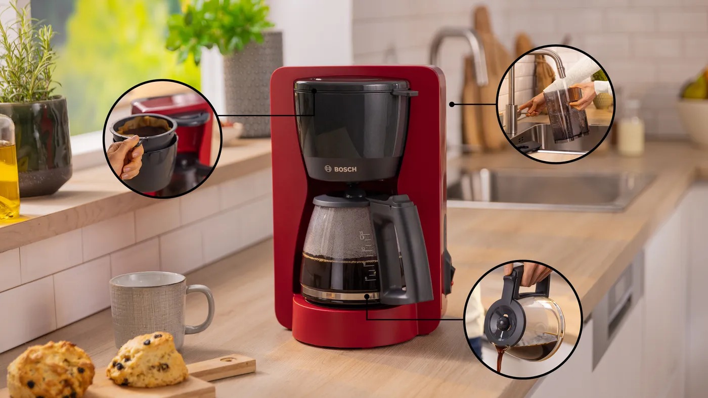 Máy pha cà phê phin Bosch TKA2M114 – pha nhanh, đậm vị, giữ ấm lâu, tiện lợi và an toàn.
