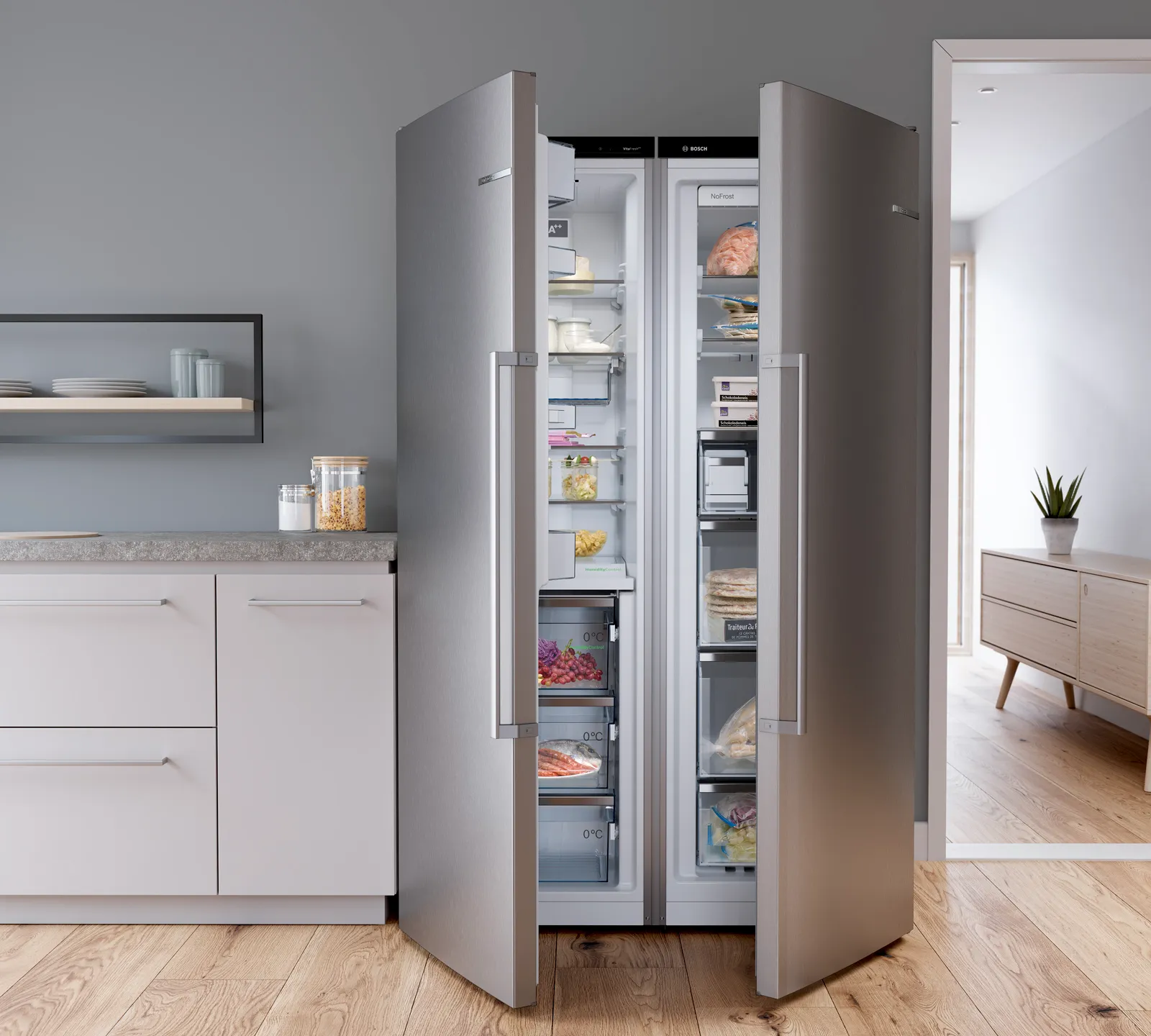 Tủ lạnh side-by-side Bosch: chất lượng gấp đôi cho sự tươi mới và hiệu quả.