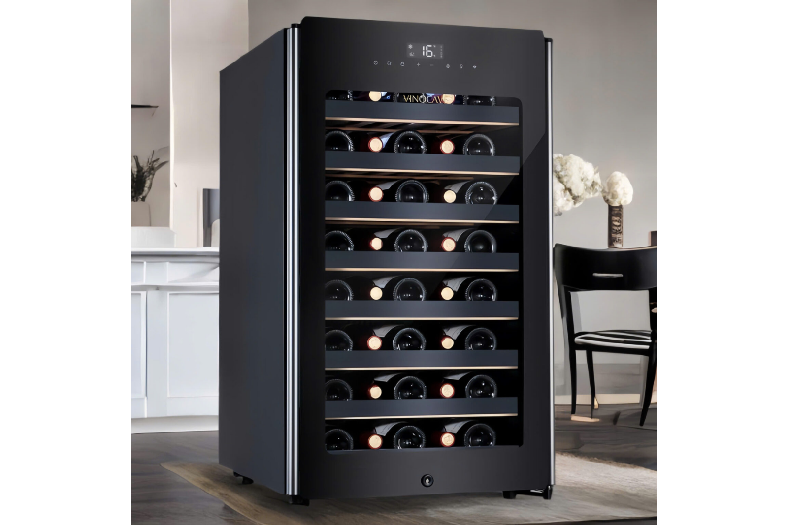 Tủ rượu vang Vinocave 52 chai kính tràn viền: bảo quản tối ưu, thiết kế sang trọng, công nghệ hiện đại.