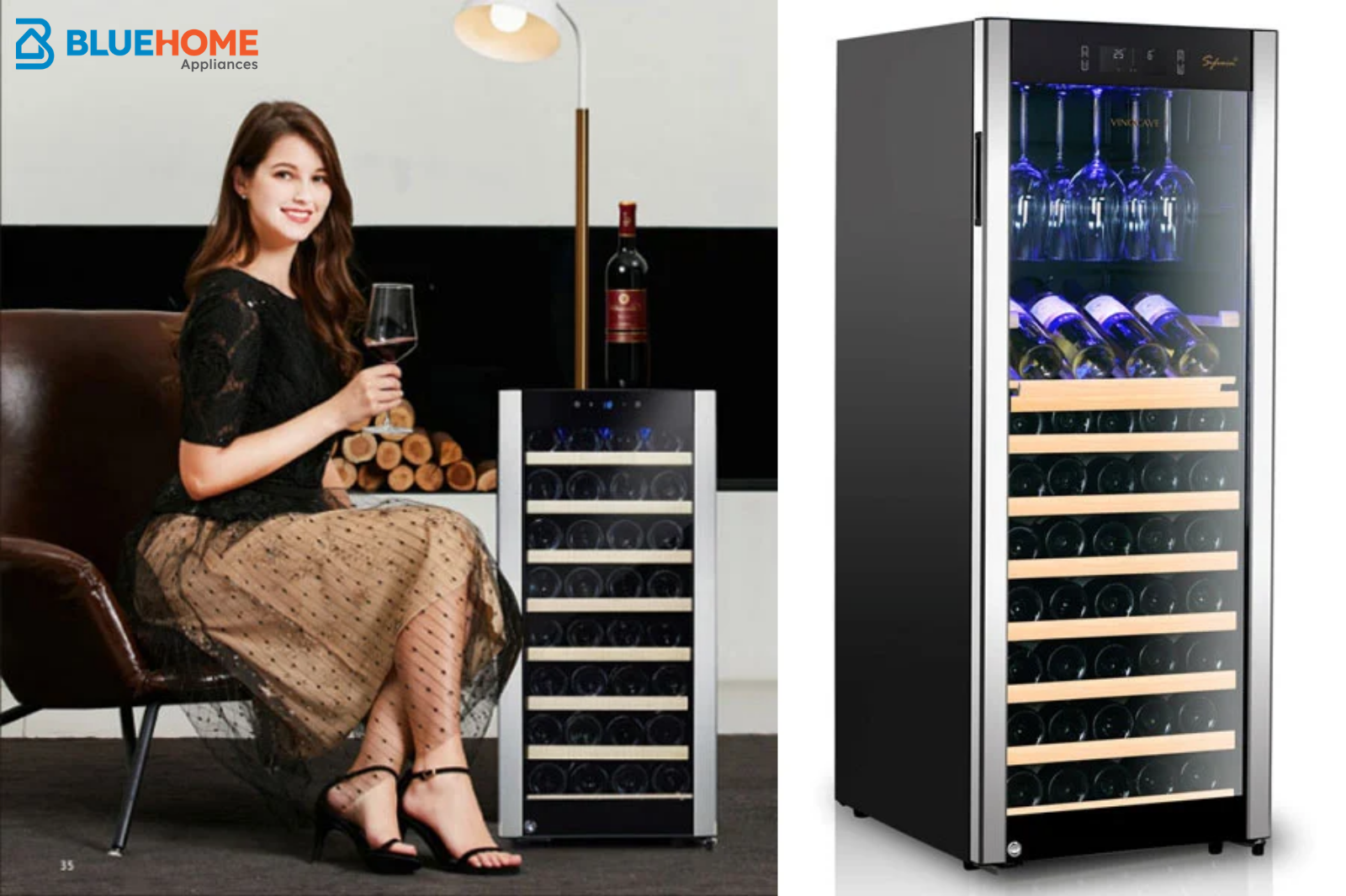 Tủ rượu vang Vinocave 85 chai sưởi kính bảo quản hoàn hảo, thiết kế Pháp sang trọng cho không gian.