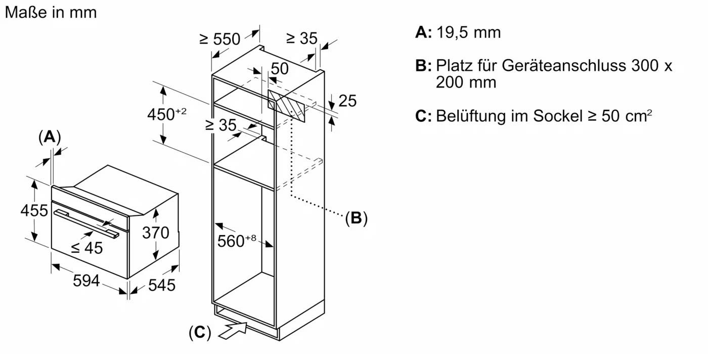 Lò vi sóng Bosch kết hợp nướng (2-trong-1) có kích thước chuẩn 45,5 x 59,4 x 54,8 cm, dễ lắp đặt.