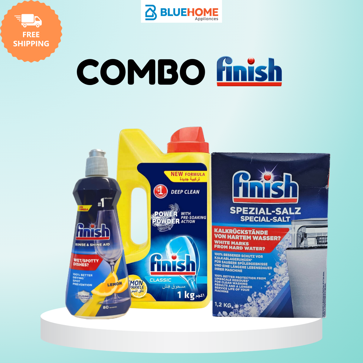 Combo Finish: Bột rửa bát Finish Classic 1kg + Muối 1.2kg + Bóng 400ml