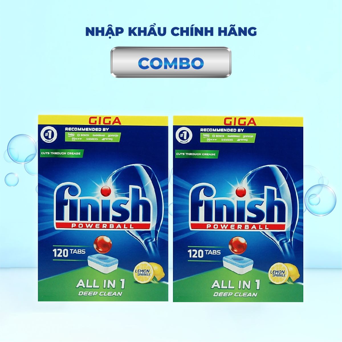 COMBO: 2 Hộp viên rửa bát Finish All in one 120 viên - 6 chức năng