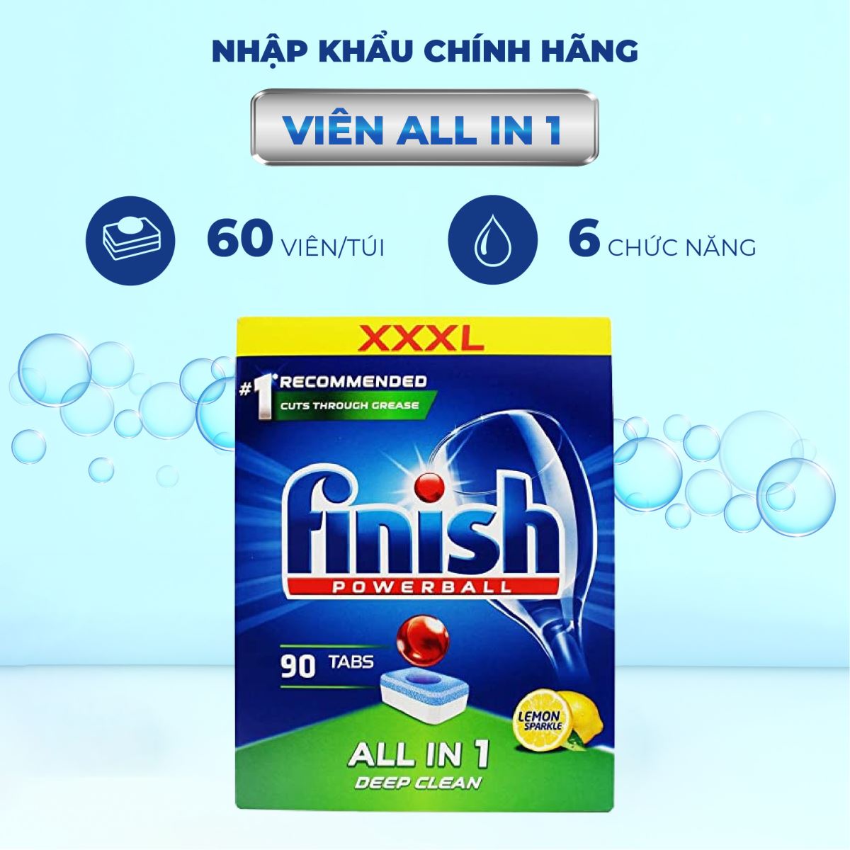 Viên rửa bát Finish All in one 90 viên - Hương Chanh - 6 chức năng