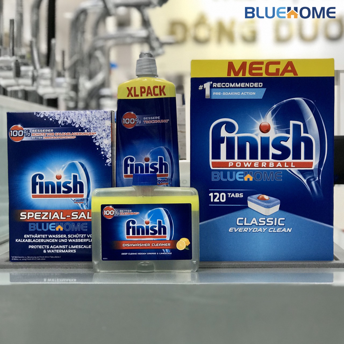 Combo: Viên rửa bát Finish Classic 120 viên+Muối Finish 1.2kg+Nước làm bóng Finish 750ml+Dung dịch vệ sinh Finish