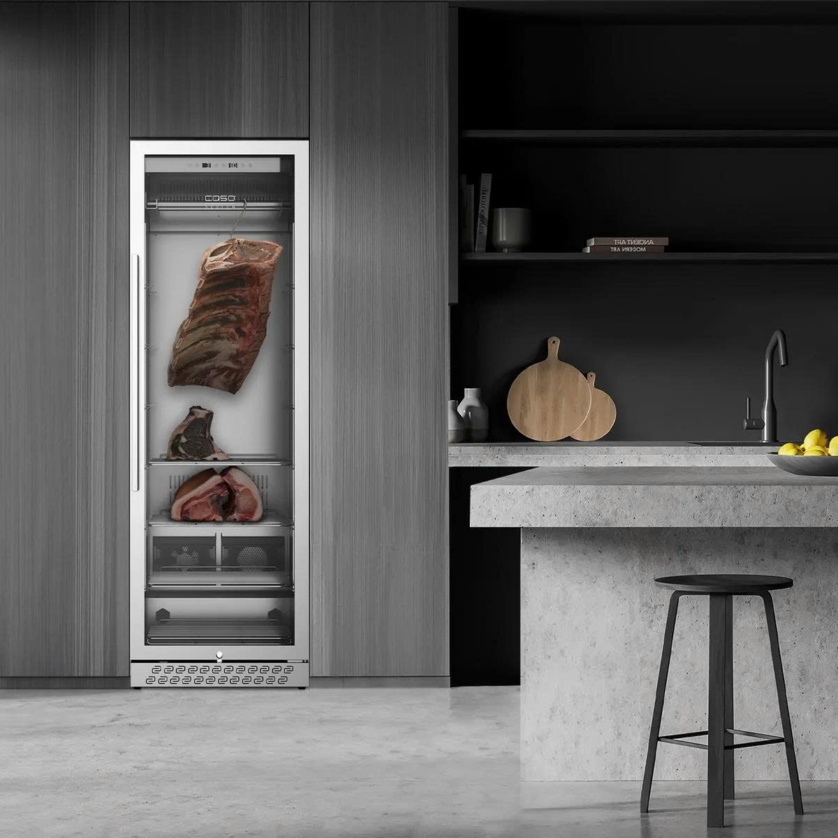 Tủ ủ thịt CASO DryAged Master 380 Pro trong hệ tủ bếp màu tối