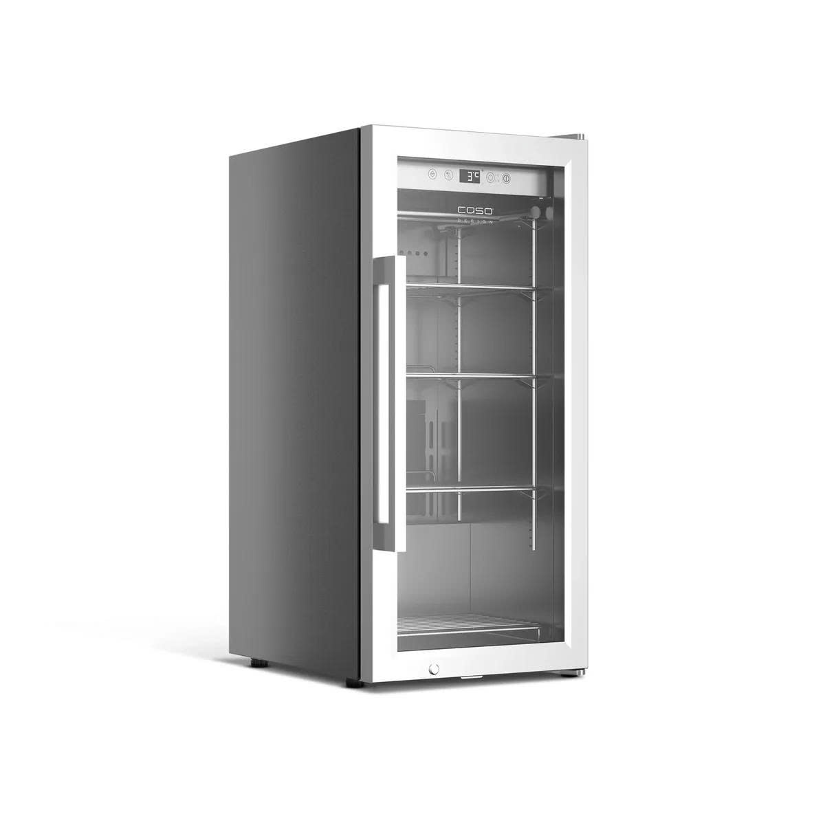 Tủ CASO DryAged Master 63 nhìn nghiêng với thân màu đen và khung cửa inox