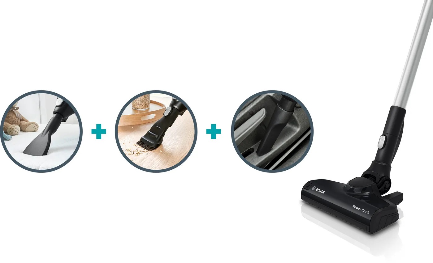 Bộ phụ kiện đa năng hút sạch bụi sàn, khe nhỏ, sofa, nệm giường; tháo lắp dễ dàng, cất gọn.