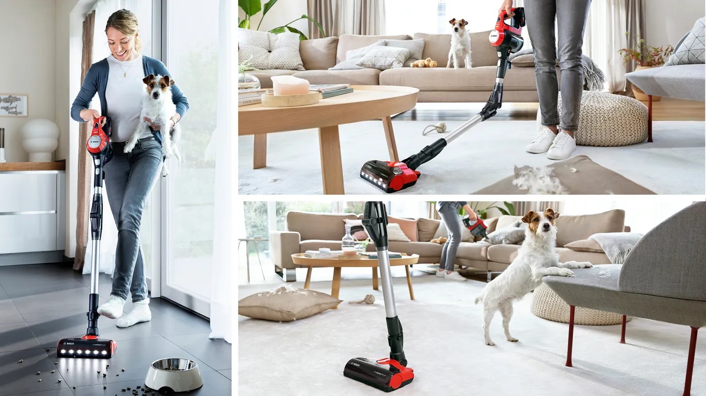 Máy hút bụi không dây Bosch BCS711PET hút mạnh mẽ, làm sạch lông thú cưng nhanh và tiện lợi.