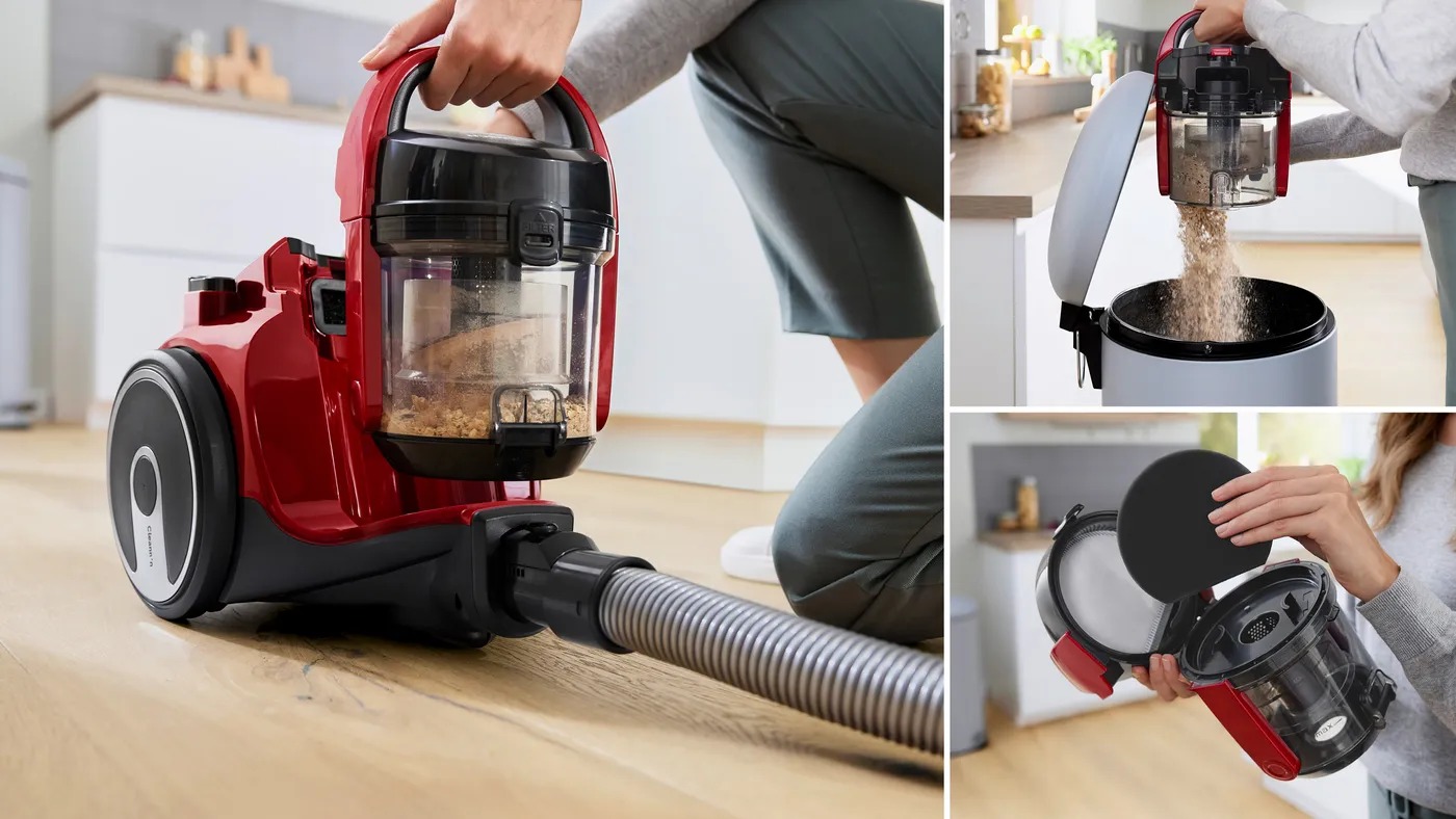 Bosch BGC05AAA2 sử dụng hộp chứa bụi không túi dung tích lớn 1,5L, hút liên tục, không cần thay túi.