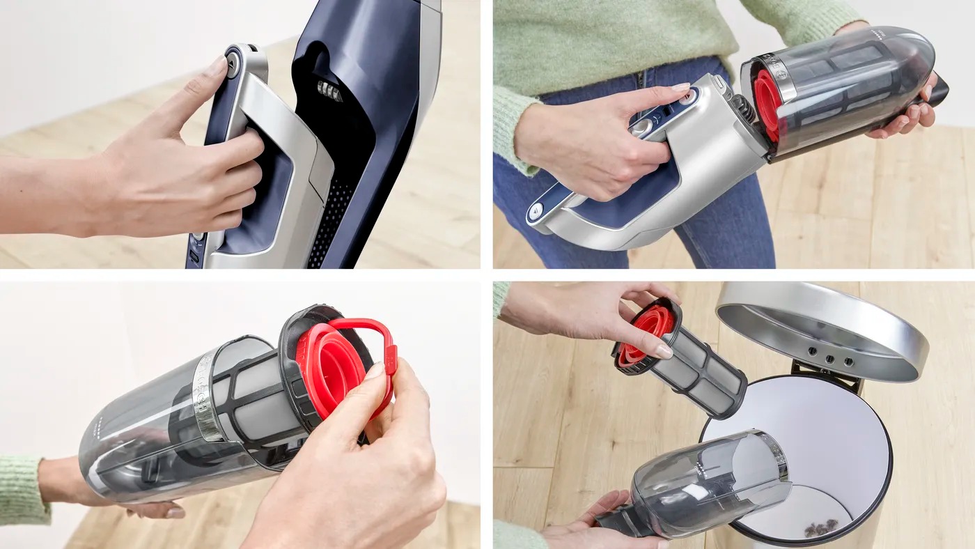 Bosch BCH3K2851 hộp bụi không túi, vệ sinh nhanh gọn, lọc bụi hiệu quả, dễ dàng tháo lắp cuộn chổi.