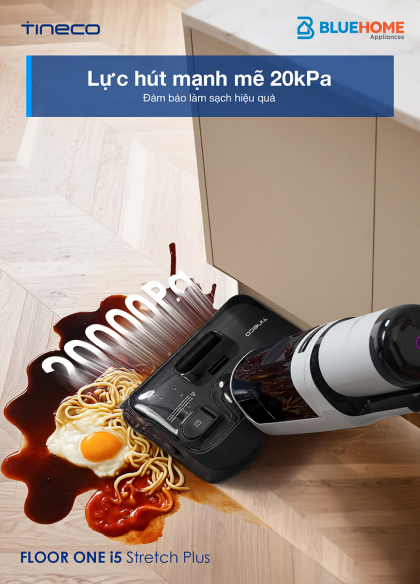 Lực hút 20.000 Pa mạnh mẽ, hút sạch bụi mịn, tóc, mảnh vụn và cả vết bẩn cứng đầu.