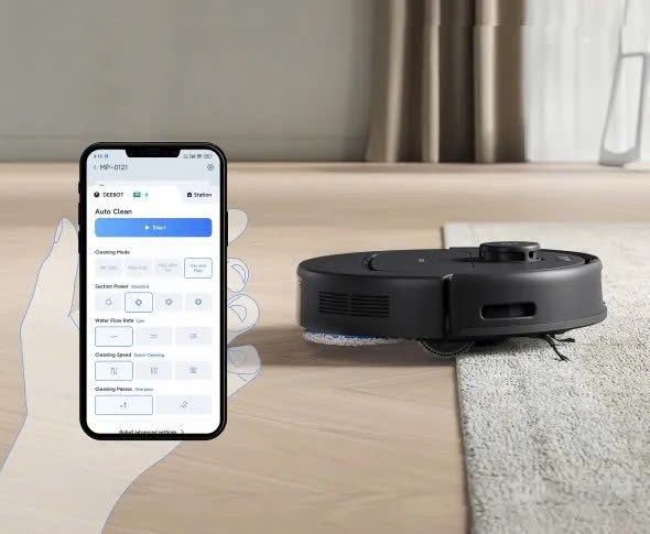 Điều khiển robot dễ dàng qua app Ecovacs Home, hỗ trợ giọng nói, xem bản đồ, tùy chỉnh linh hoạt.