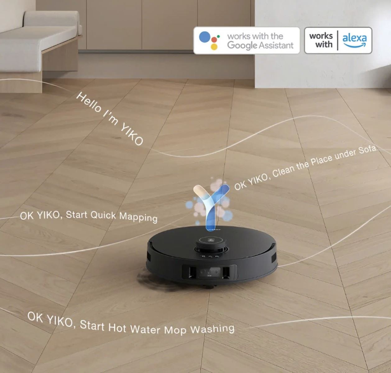 Trợ lý YIKO AI nghe lệnh giọng nói chính xác, tương thích Google Assistant, Alexa, điều khiển dễ dàng.