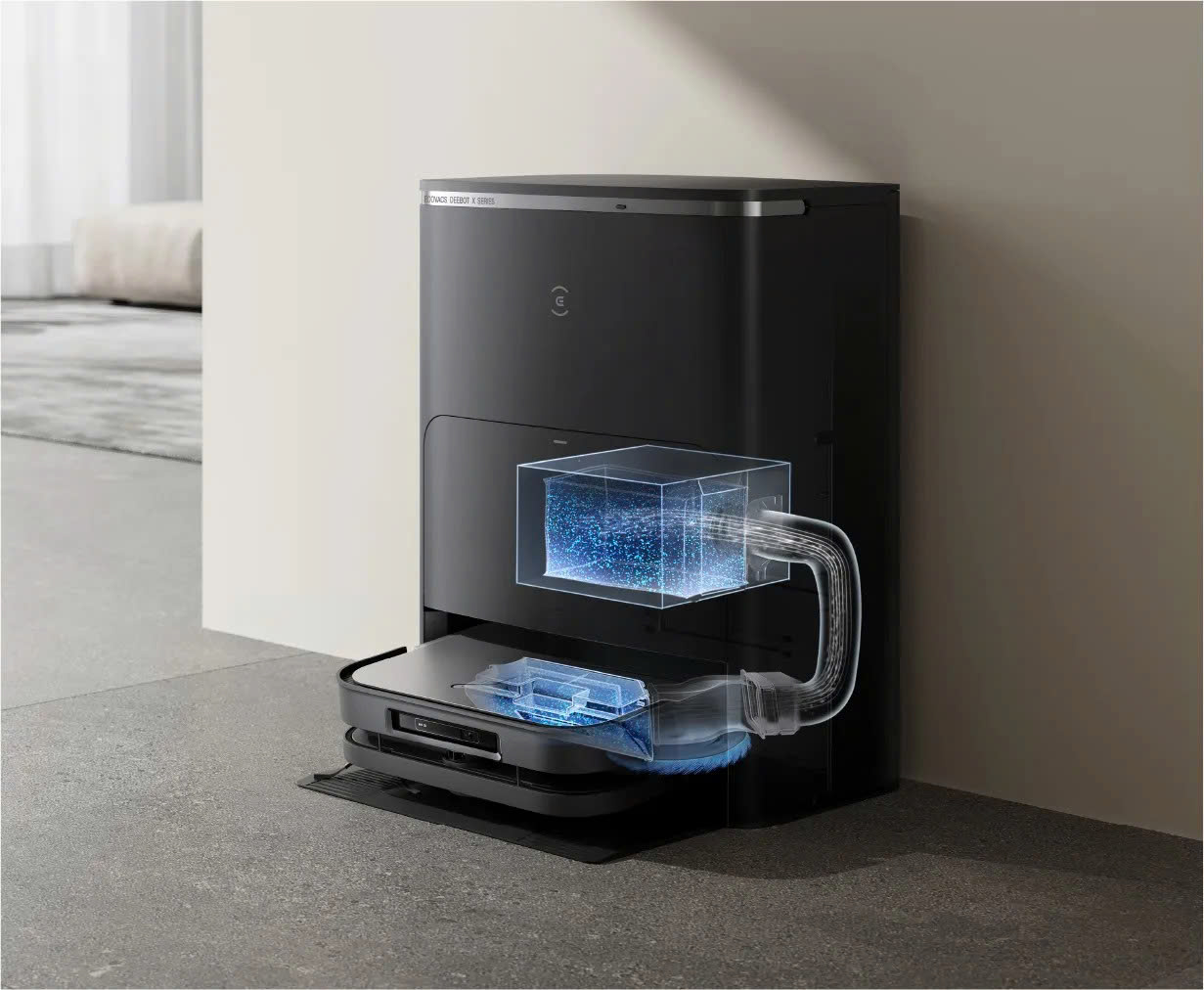 Tự động làm trống hộp bụi vào túi chứa 3.4L, giảm tối đa tần suất đổ rác thủ công.