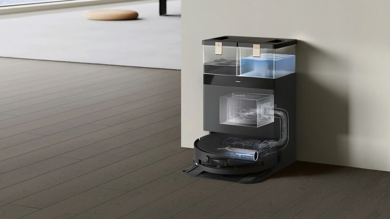 Trạm sạc OMNI 12-trong-1: giặt, sấy giẻ, đổ rác tự động, giúp DEEBOT X8 PRO OMNI hoạt động liên tục.