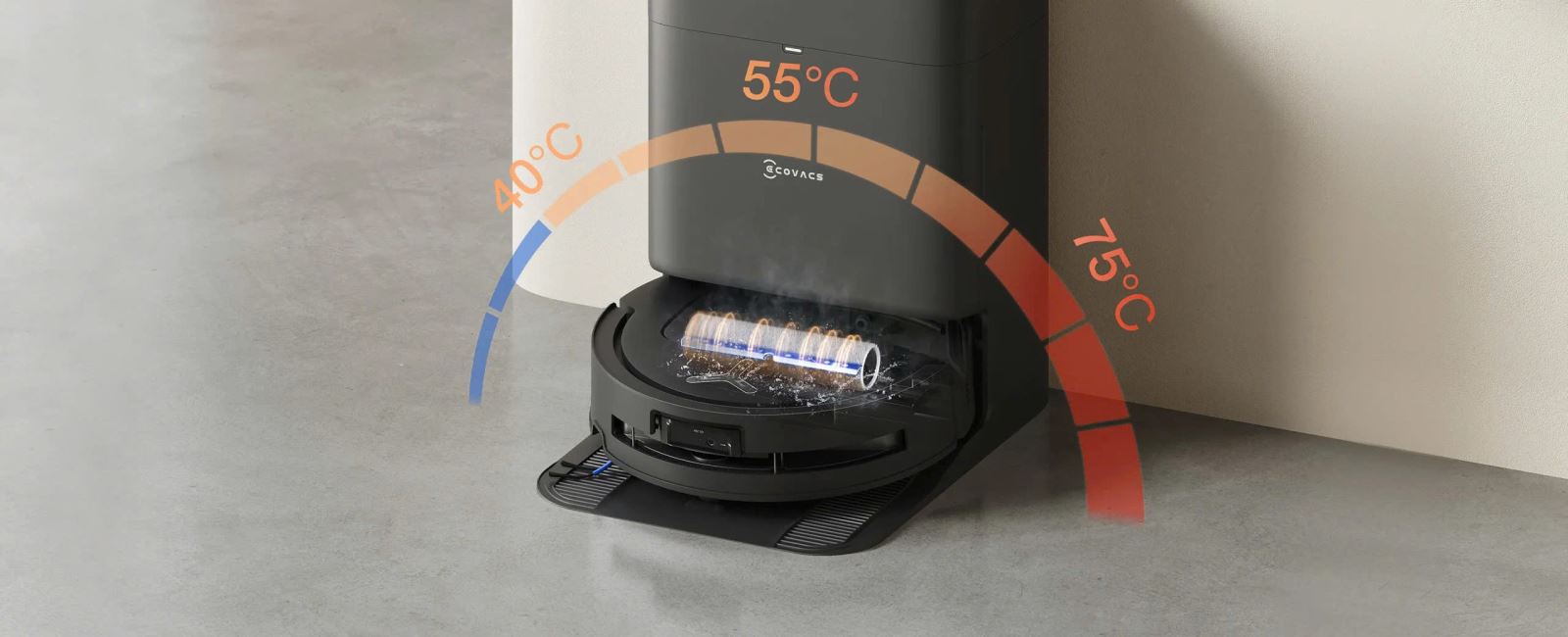 Trạm OMNI tự giặt giẻ lau bằng nước nóng 75°C, làm sạch sâu, khử mùi, không cần vệ sinh thường xuyên.